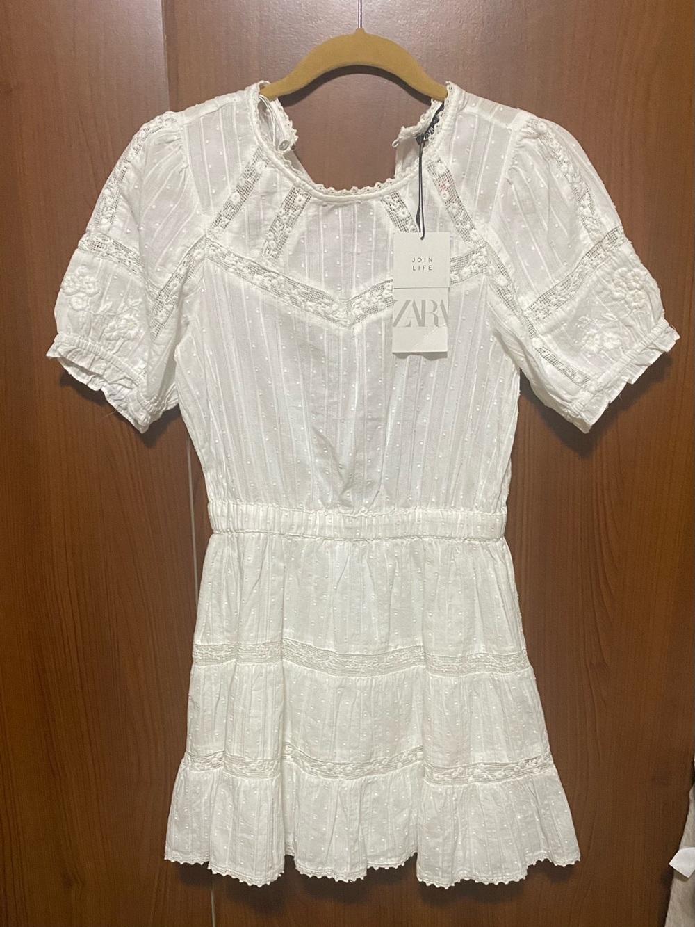 Zara White Eyelet Tiered Puff Sleeve Mini Summer Vacation Dress New Small